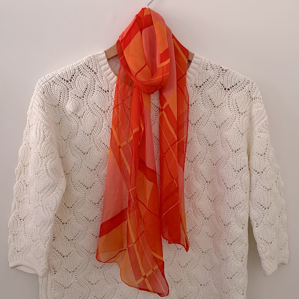 Orange and Red Geometric Plaid Design Sheer Oblong Scarf